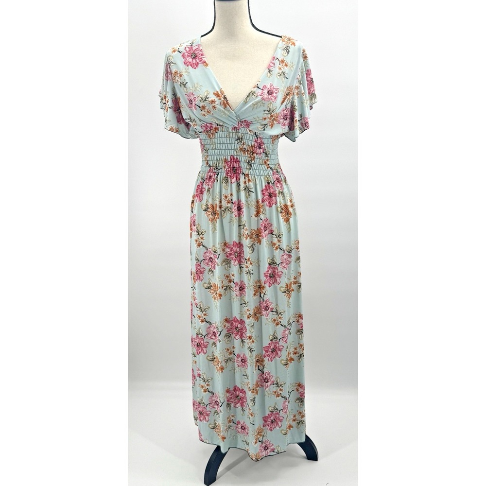 Tamsy Floral Babydoll Maxi Dress Flutter Sleeve Cottagecore Fairy Feminine OS